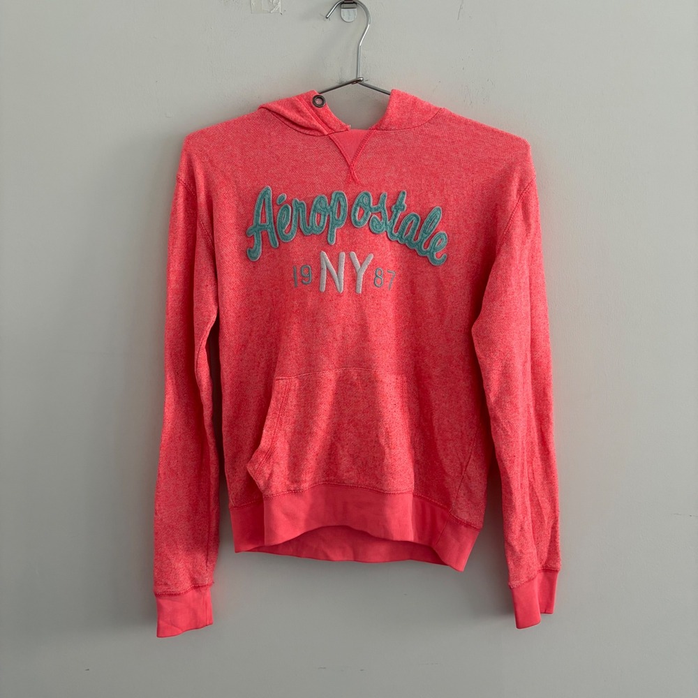 Aeropostale Womens XS Pink Neon Graphic Pullover Hoodie NY 1987